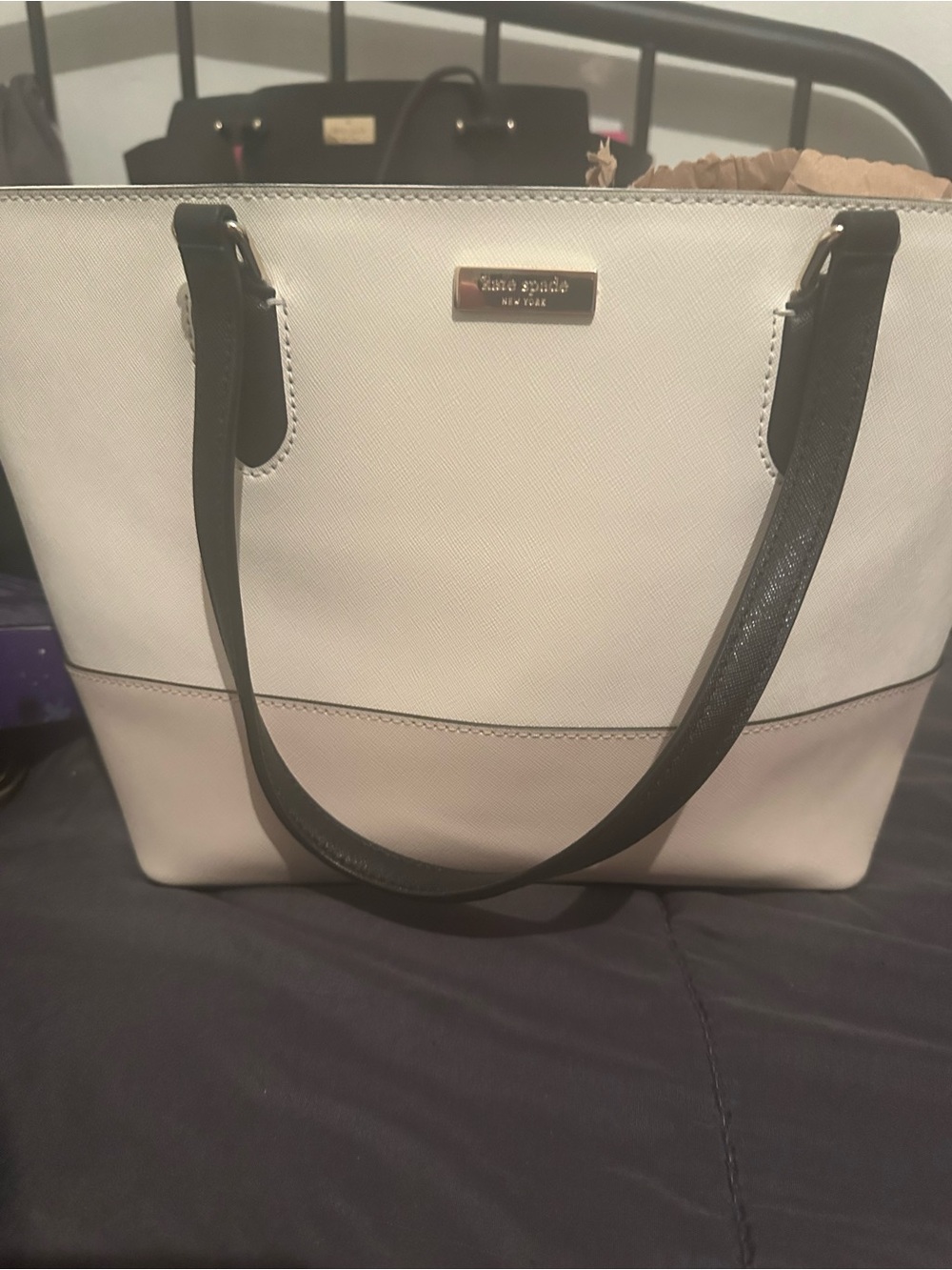 kate spade Two-Tone White and Black Leather Tote Bag